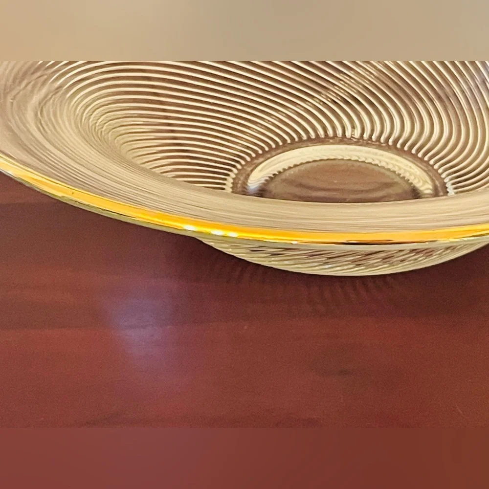 Vintage Murano-Style Spiral Optic Glass Centerpiece Gold Rimmed Bowl, 12 Inches - Picture 3 of 7